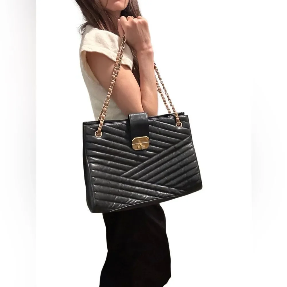 CHANEL Black Quilted Tote with Gold Chain
